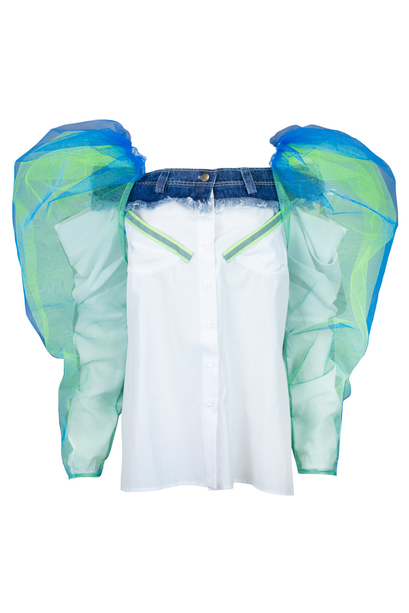 Blouse with denim decor and blue-green mesh
